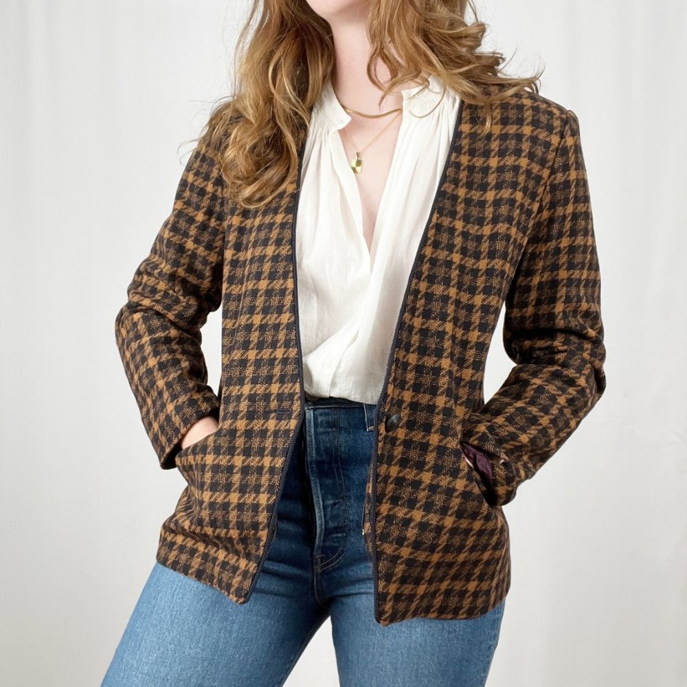 Vintage Union Made Oversized Wool Houndstooth Tweed Knit Plaid Blazer Suit Coat - Picture 1 of 10